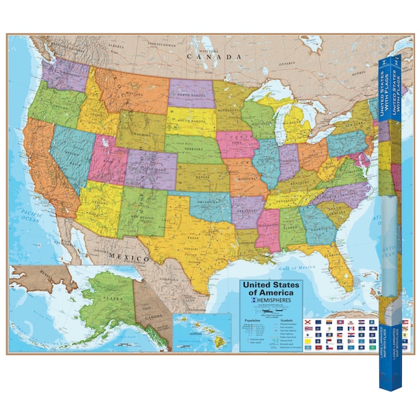 Round World Products Hemispheres Blue Ocean Series USA Laminated Wall Map, 38in x 48in HM02 - main